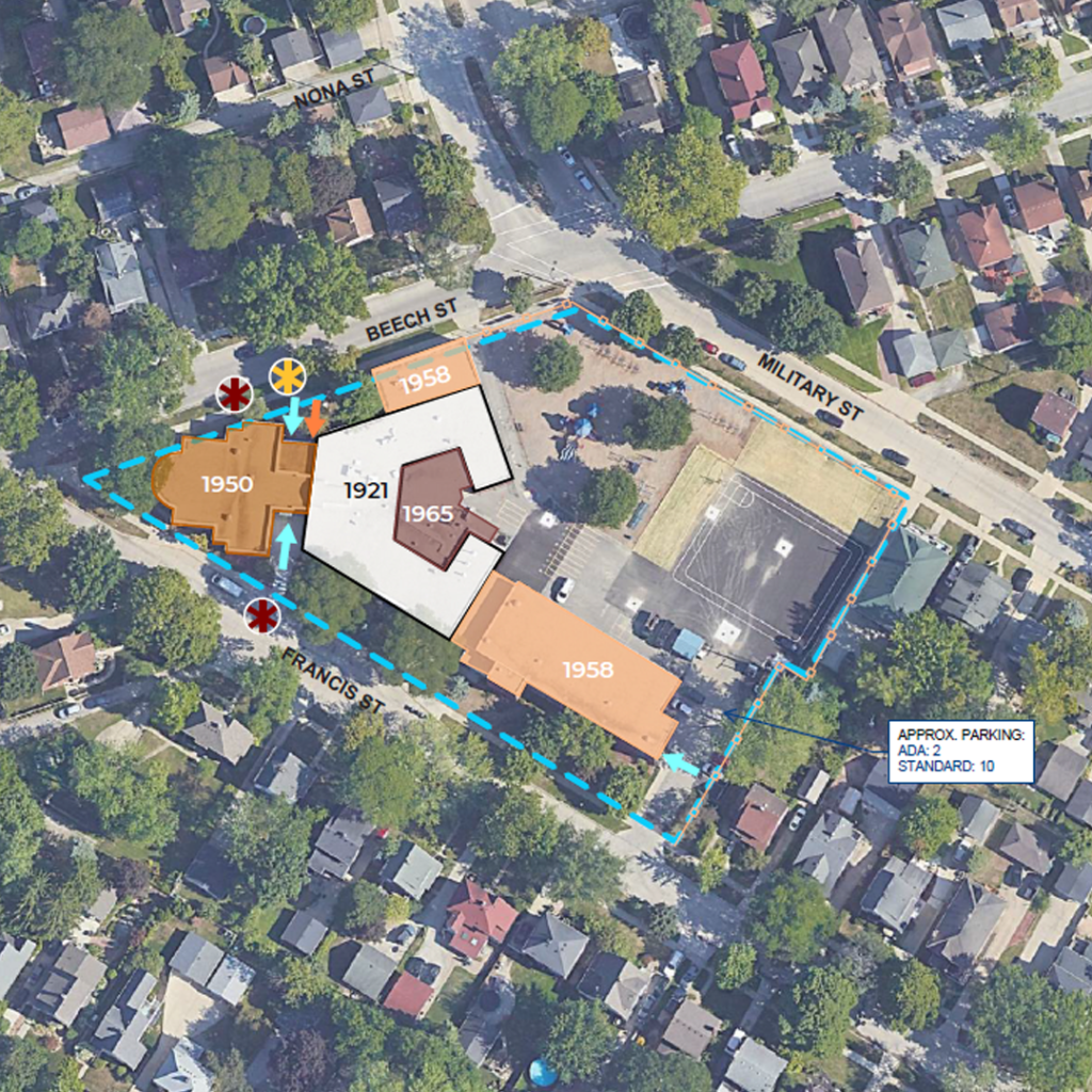 An image showing when different sections of DuVall Elementary was constructed including 1921, 1950, 1958, and 1965.